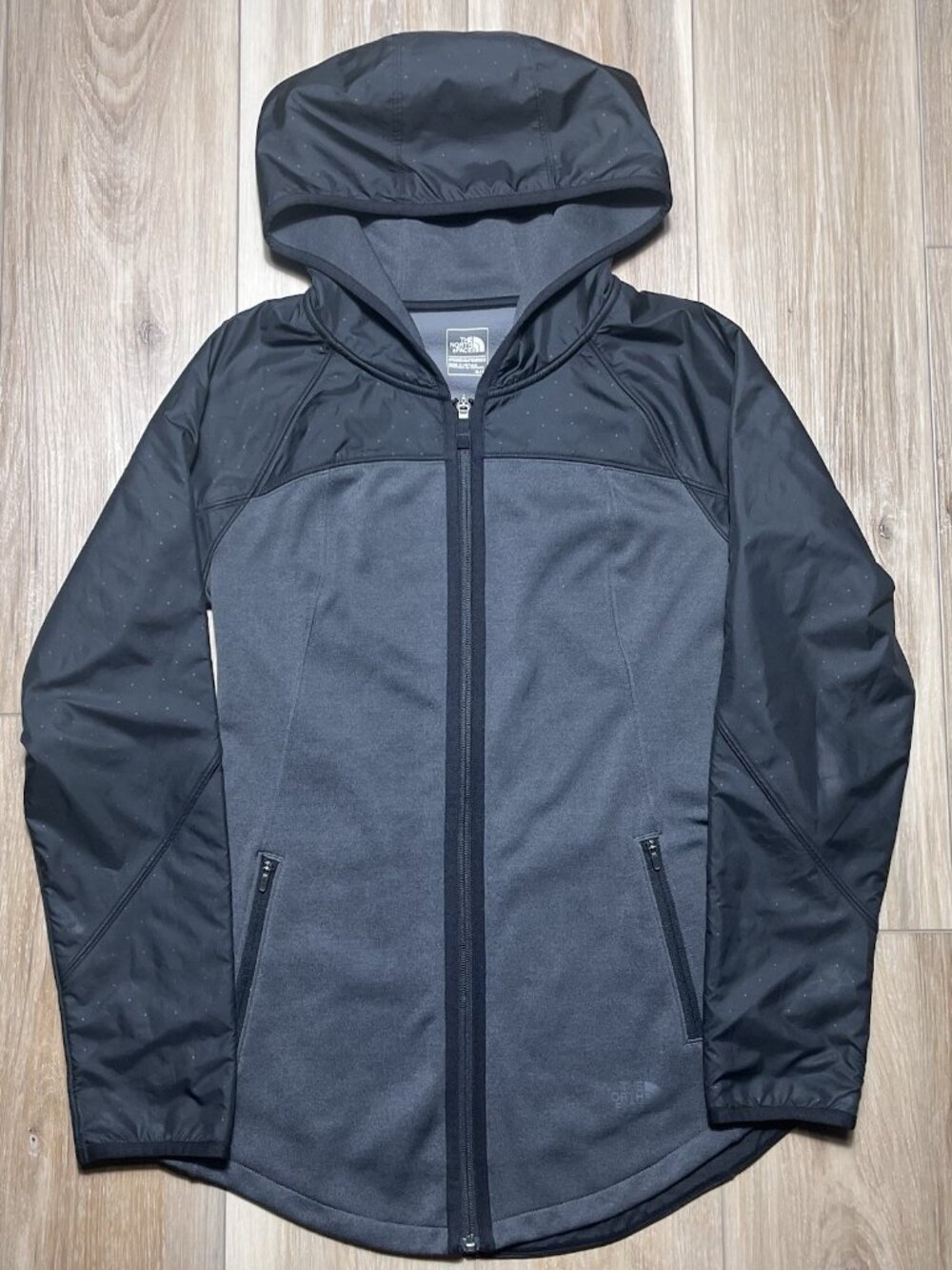 The North Face Polka Hooded Fleece Gray Black Zip Up Jacket - Women Size Small